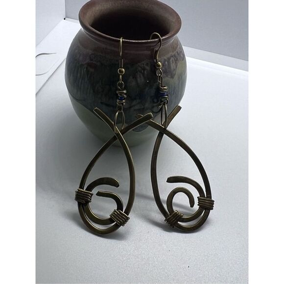 New Vintage Artisan Made Brass Open Fish Dangle French Hook Earrings - Picture 6 of 6